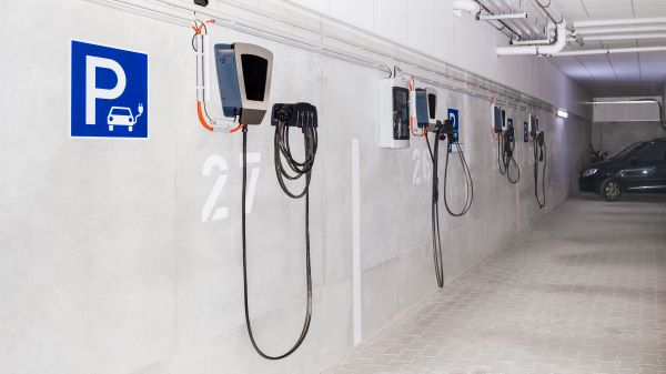 Puntos de recarga eléctricos en garaje.